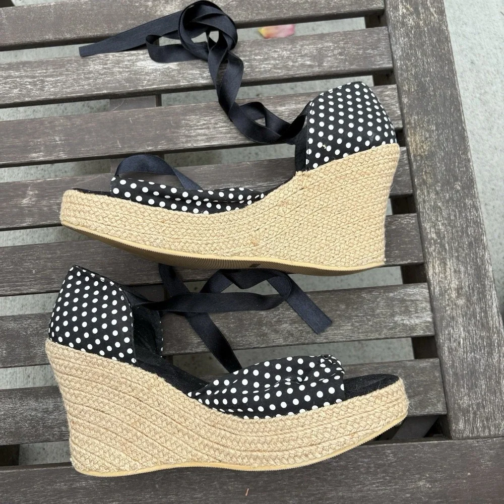 Restricted Women 9 Black Polka Dot Wedge Sandals Rockabilly Pinup Espadrille y2K